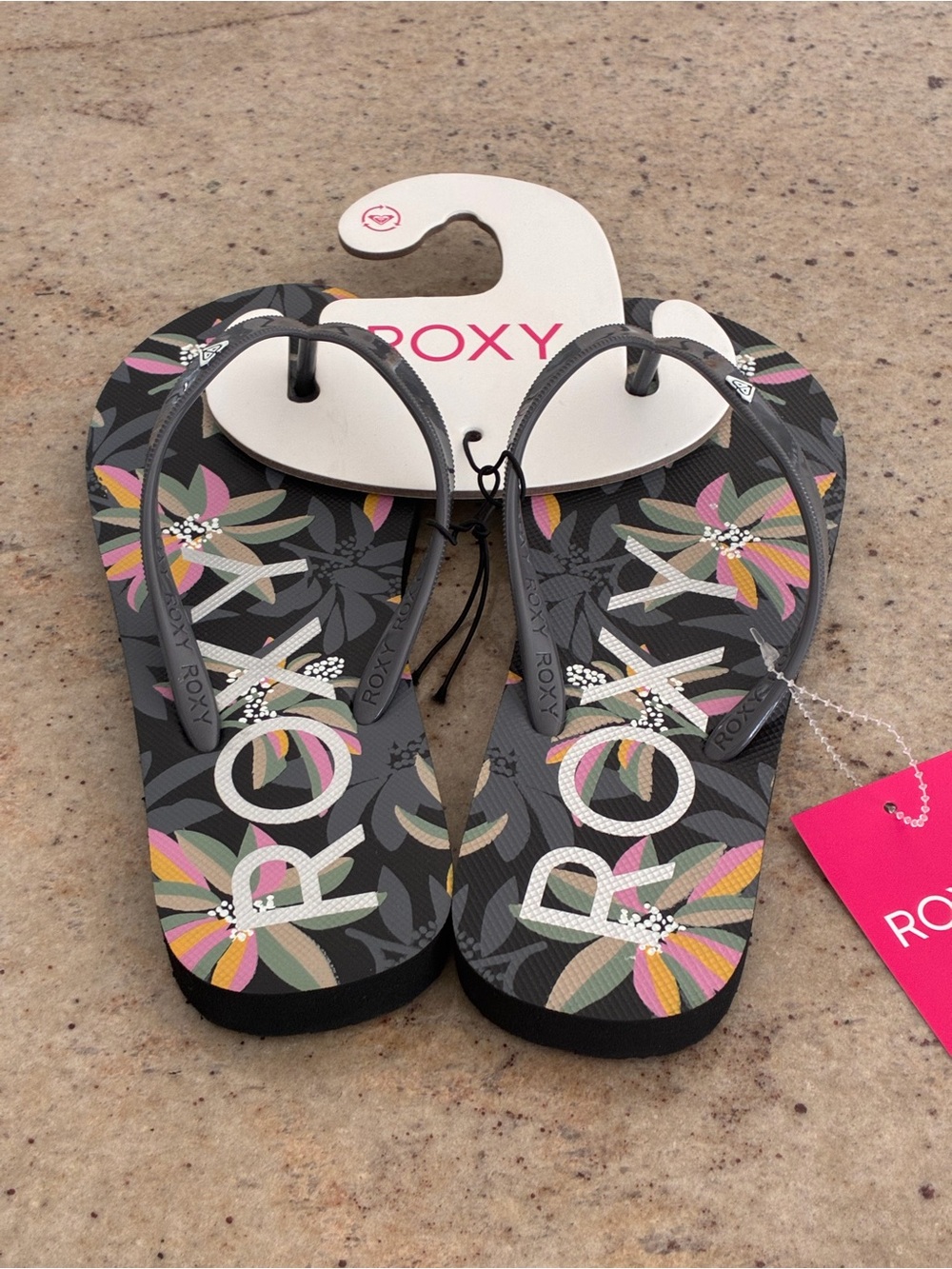NWT Roxy Gray & Black Floral Logo Flip Flops with Pink and Yellow Accents